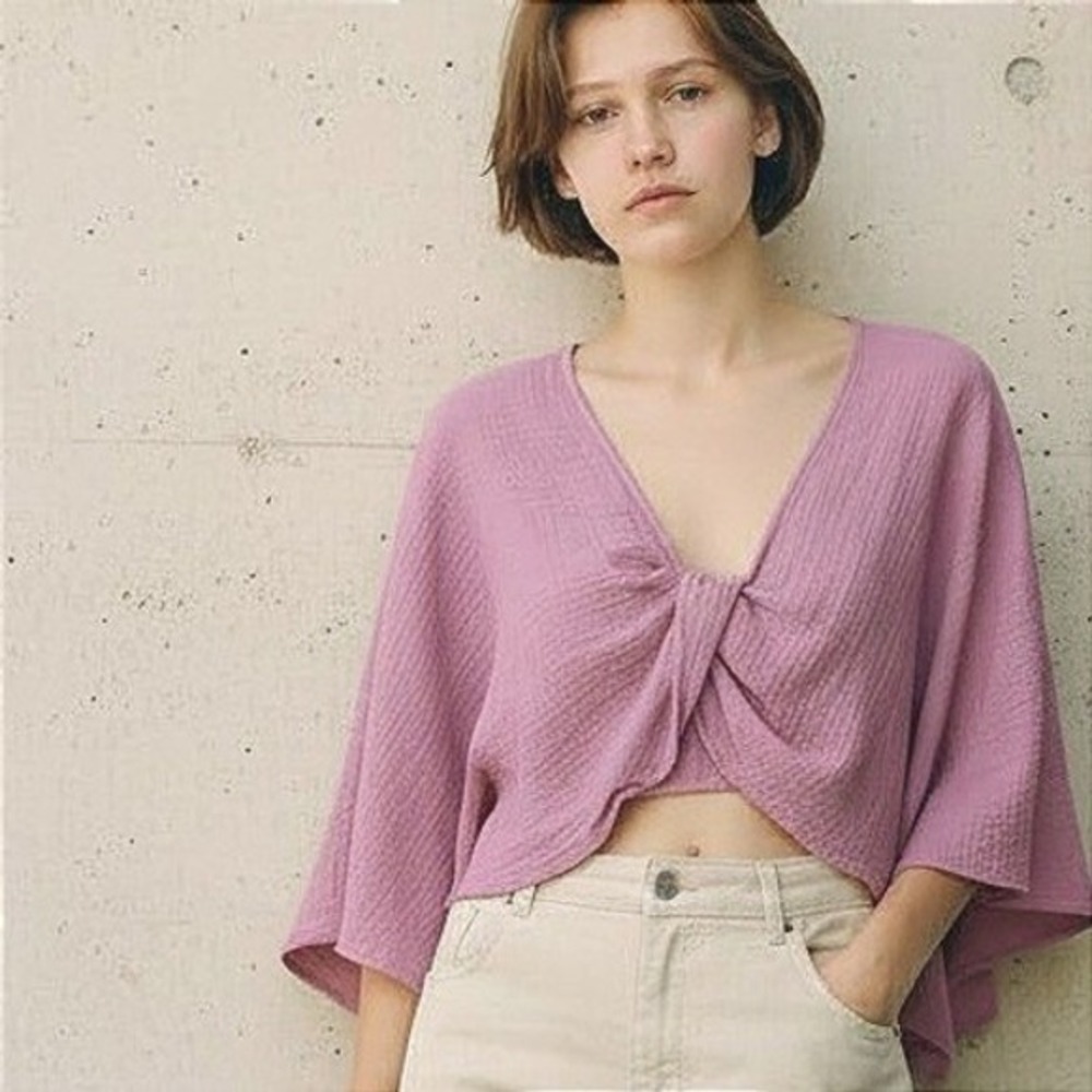 CAMMENSE Mauve Gauze Twist Front Batwing Sleeve Cropped Top Size S‎